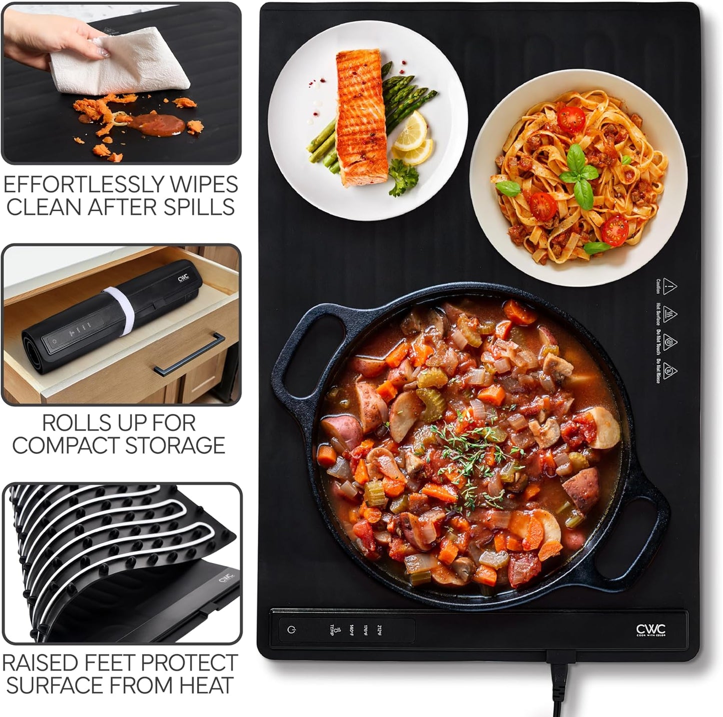 COOK WITH COLOR 350W Electric Food Warming Mat - Portable Food Warmer Tray with Adjustable Temperature, Fast 60-Second Heating, Auto Shut-Off, Rollable Silicone Pad for Parties & Everyday Use, Black