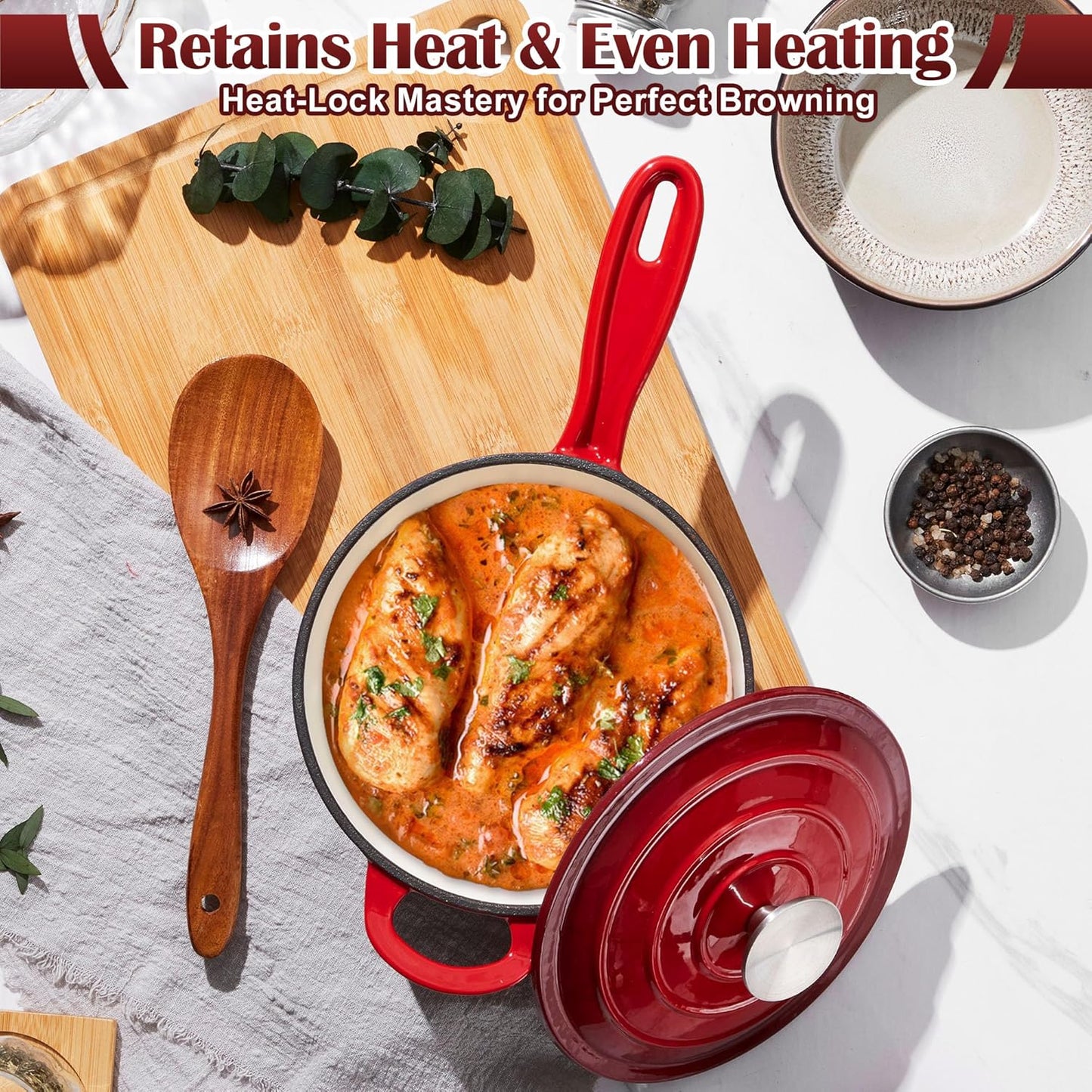 E-far Sauce Pan Set with Lid, 1Qt & 2Qt Enameled Cast Iron Pot Sets for Kitchen Cooking, Small Heavy Duty Dutch Oven Saucepans & Self-basting Lids, Induction-Ready & Easy Clean, Red