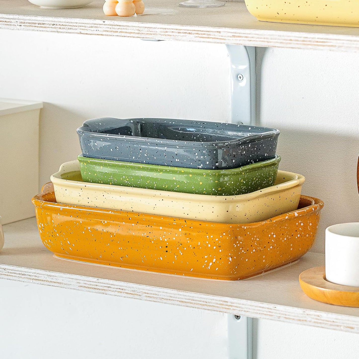 Ceramic Bakeware Dish Set of 3, Rectangular Baking Casserole for Oven,High Heat Resistant,Lasagna Pan Deep with Handles,Handcraft Speckle Series (13.8''/12''/9.6''Grey)