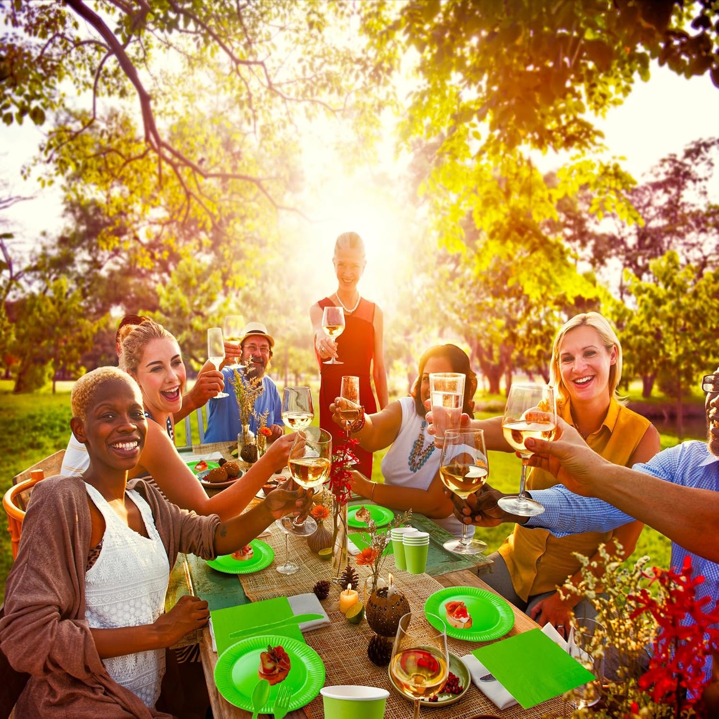 210pcs Grass Green Paper Plates Disposable Tableware Party Supplies- Includes 9" Dinner Plates, 7" Dessert Plates, 9oz Paper Cups, Napkins, Plastic Forks, Knives And Spoons For All Holiday Parties