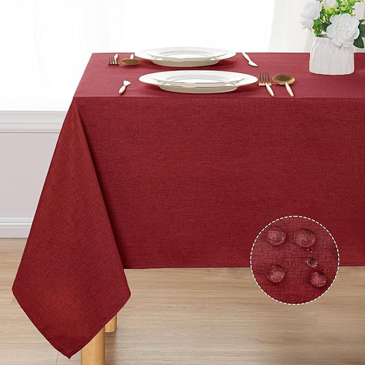 DWCN Table Cloth Rectangle - Faux Linen Fabric Waterproof Spill-Proof Wrinkle and Stain Resistant Tablecloths Decorative Farmhouse Table Cover for Kitchen Dining Party, 60 x 84 Inch, Red