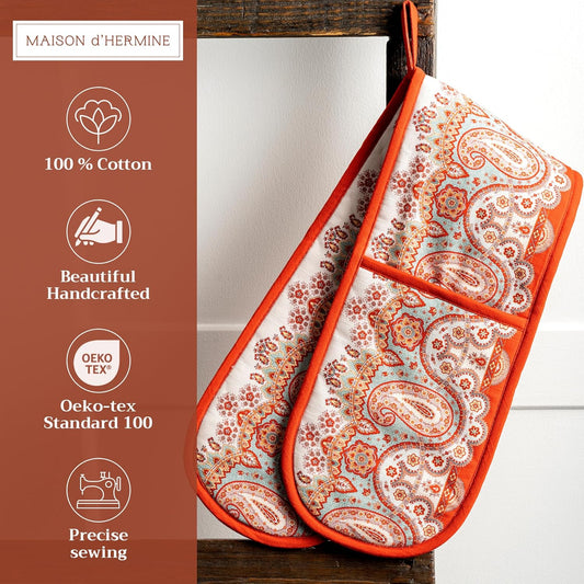 Maison d' Hermine Double Oven Mitt (7" x 35") 100% Cotton Heat Resistant BBQ Cooking Gloves with Loop for Thanksgiving Christmas Decorations Baking Cooking Barbeque Handling Hot Pan (Cachemire)