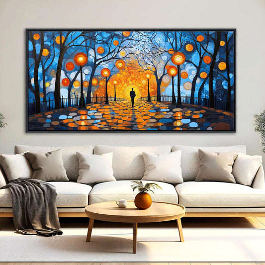 QZQCBLC Large Dark Blue Wall Art, Abstract Night Scene Wall Pictures Orange Light Black Trees Landscape Framed Canvas Paintings Artwork for Living room Bedroom kitchen Home Office Decor 29x58 IN