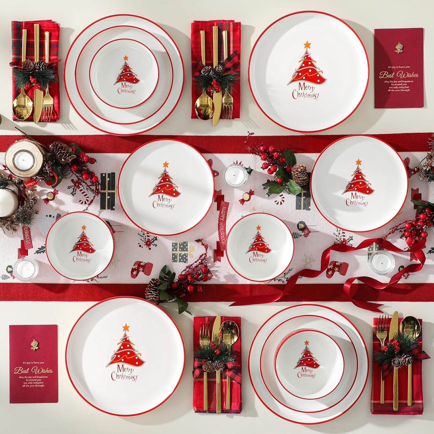 MALACASA Plates and Bowls Sets, 18 Pieces Christmas Porcelain Dinnerware Set for 6, Ceramic Dishware Dishes Kitchen Dining Ware Set, Microwave and Dishwasher Safe, Series LUNA-Christmas Tree
