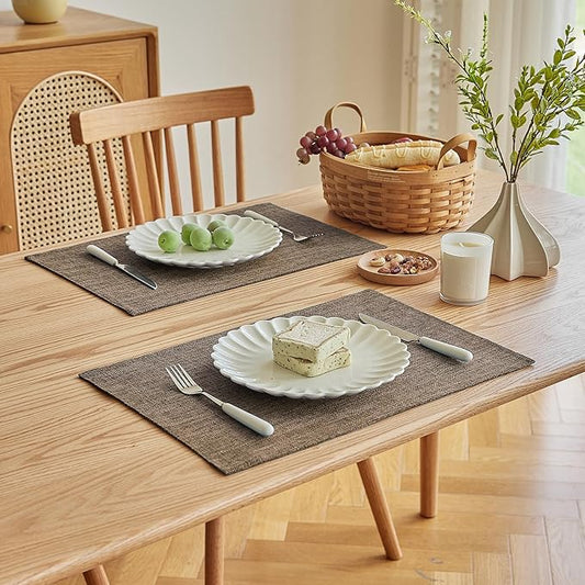 Softalker Faux Linen Placemats Set of 4-12 x 18 Inch, Heat Resistant Double Layered Durable Burlap Farmhouse Place Mats, Non-Slip Washable Rustic Table Mats for Dining, Kitchen, Party(Brown