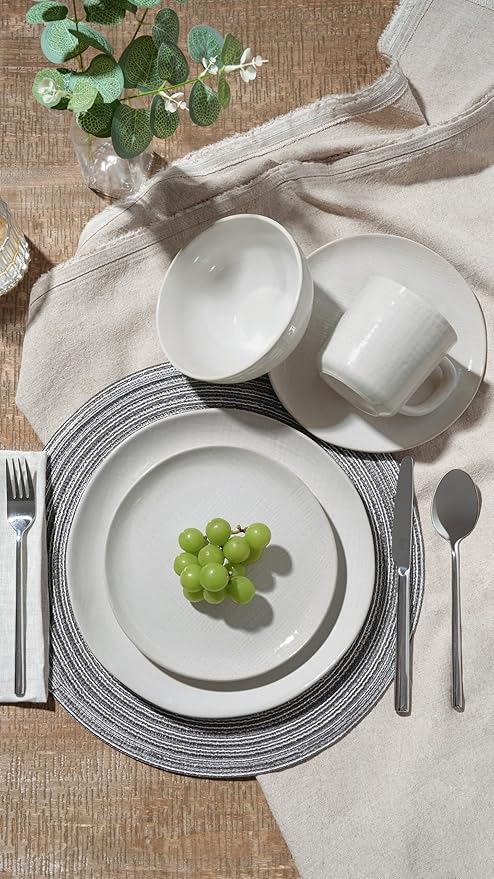 Famiware Moonlight Plates and Bowls Sets, 18 Pieces Stoneware Dinnerware Sets with Linen Finish, Handmade Dishware set for 6, Microwave and Dishwasher Safe, Scratch Resistant Tableware, White