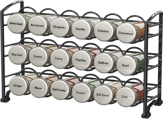 Deco Brothers Spice Rack Stand holder with 18 Bottles and 48 Labels, Black