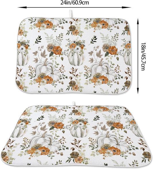 Fall Dish Drying Mat 18 x 24 inch Thanksgiving Autumn Watercolor Pumpkin Maple Leaves Decorative Drying Mats Microfiber Absorbent Dish Washable Draining Mat for Kitchen Counter Decor