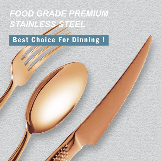 Runfly 20 Piece Hammered Rose Gold/Copper Silverware Set, 18/10 Stainless Steel Flatware Set, Modern Kitchen Utensil Set Service for 4, Tableware Set, Cutlery Set Including Fork Spoon and Knife