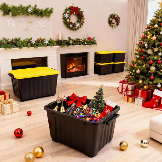 Nazhura 72 Quart Plastic Storage Bin, Stackable and Nestable Storage Boxes with Yellow Lids and Secure Latching Buckles, Large Storage Container (Black/Yellow, 72Quart-4Pack)