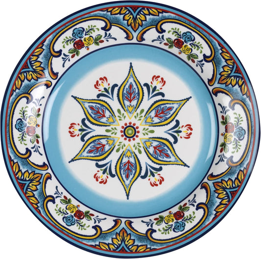 Euro Ceramica Zanzibar Collection Vibrant 10.9" Ceramic Dinner Plates, Set of 4, Spanish Floral Design, Multicolor