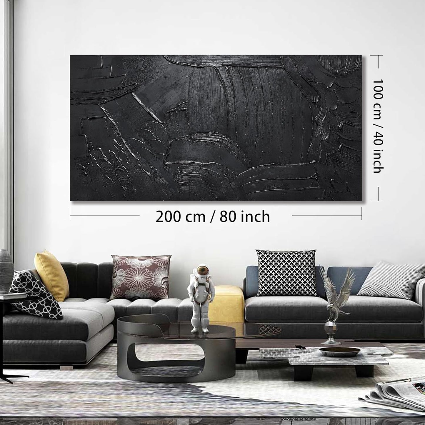 HUBOSKN Minimalist Artwork Wall Decor For Living Room Black Abstract Painting Wall Art For Office Huge 3D Canvas Wall Art For Hotel Size 40 x 80 Inch