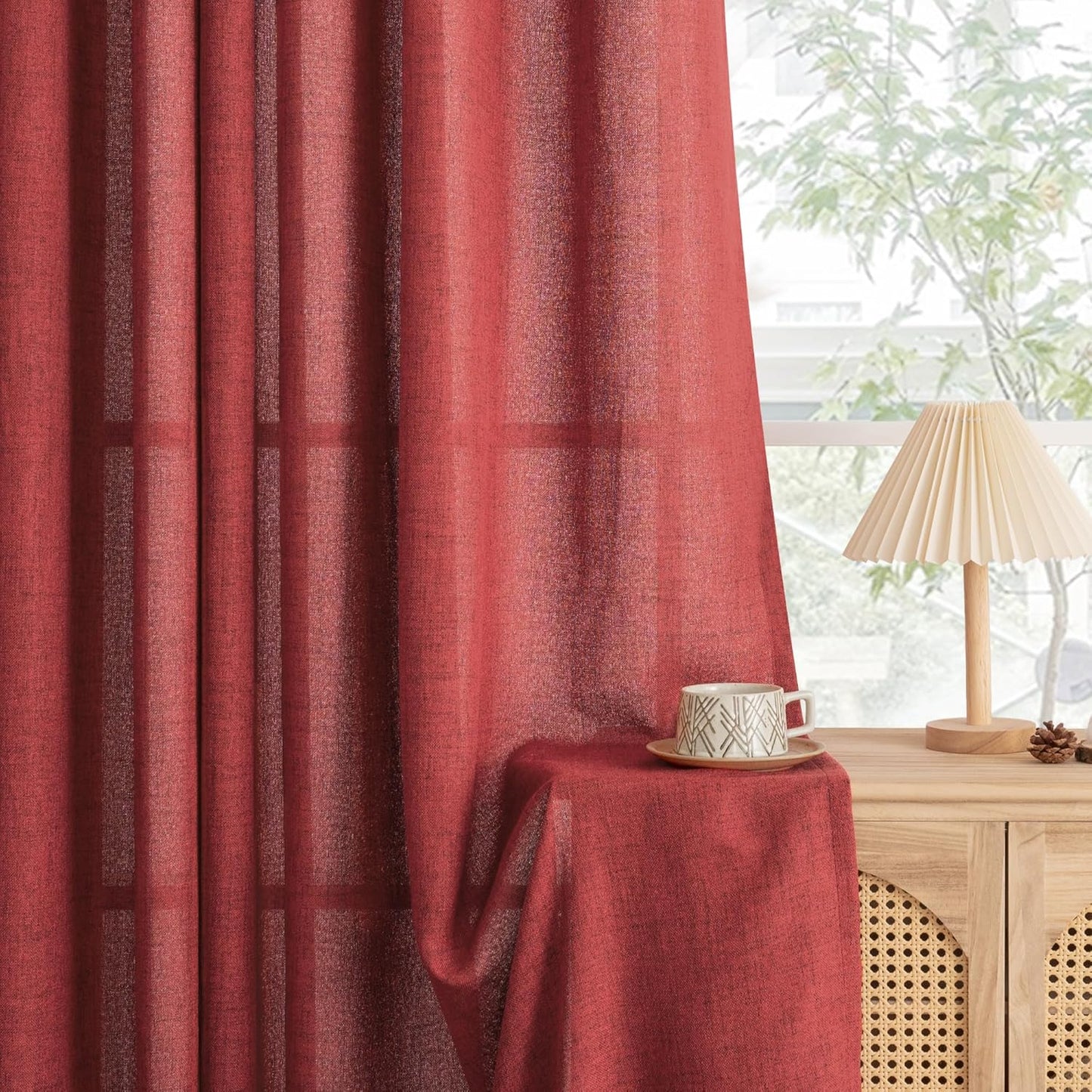 YoungsTex Red Linen Curtains 102 Inch Length for Living Room, Light Filtering Semi Sheer Window Drapes with Bronze Grommet Privacy for Christmas Decor Bedroom, 52 x 102 Inch, 2 Panels