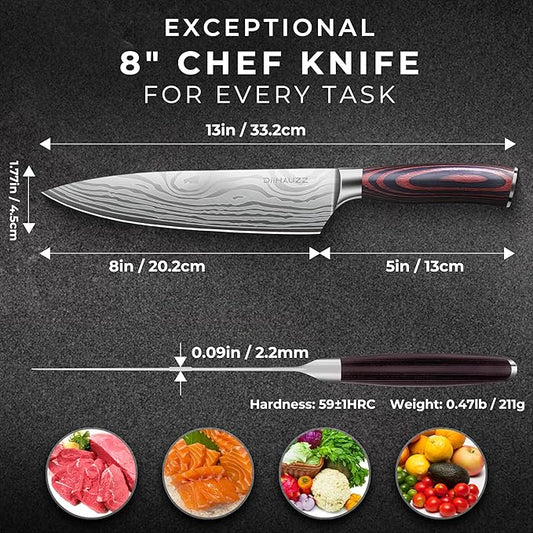 Chef Knife, 8 Inch Kitchen Knife, Ultra Sharp High Carbon Stainless Steel for Professional and Home Chefs with Ergonomic Handle, Roll Forged Utility Knife with Sheath and Gift Box