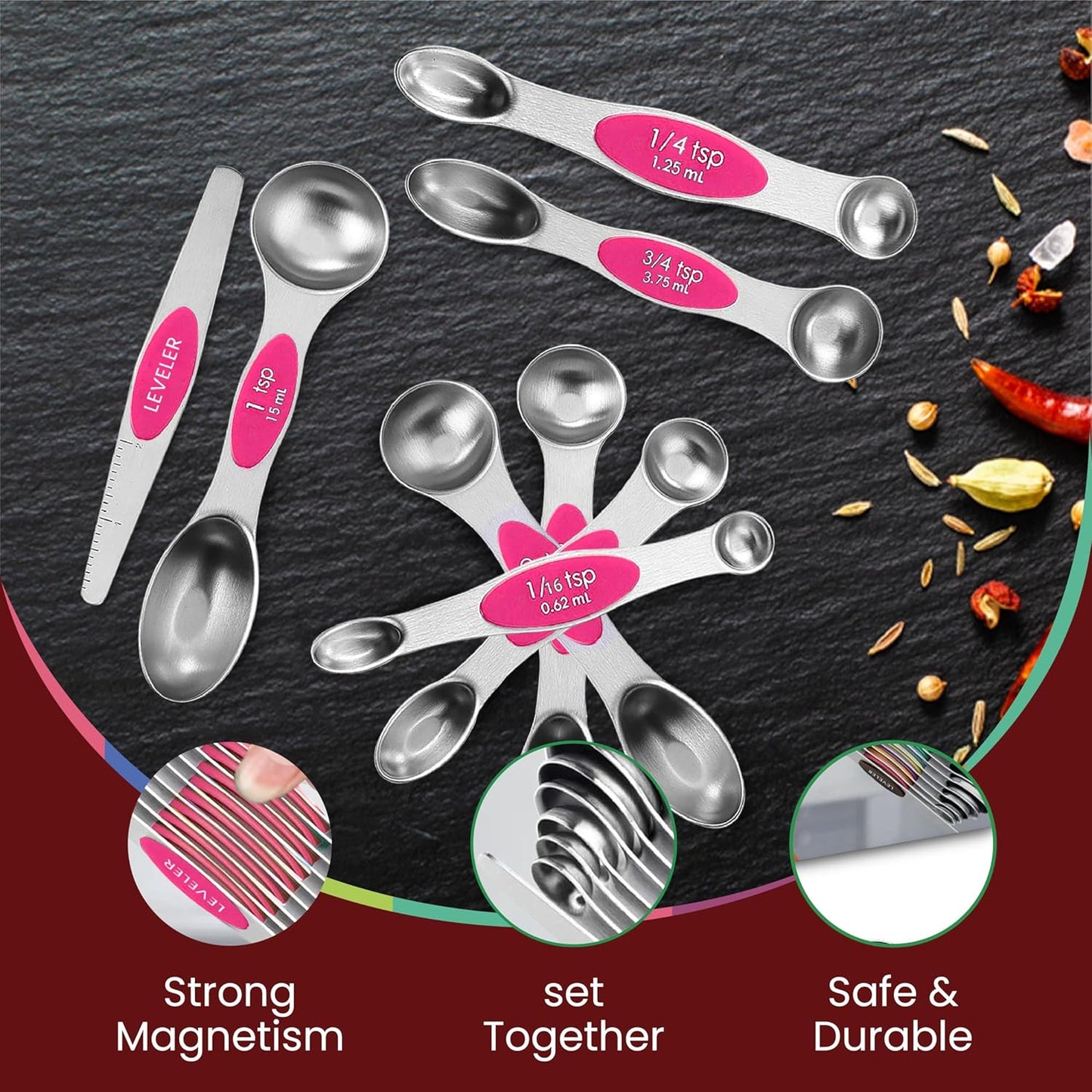 Magnetic Measuring Spoons Set of 9 Stainless Steel Dual-Sided Stackable Measuring Spoon Nesting Teaspoons Measuring Dry and Liquid Ingredients, Fits in Spice Jars Set of 9 (Pink)