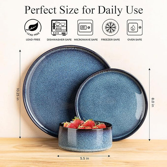 LERATIO Ceramic Dinnerware Sets for 4,Round Reactive Glaze Ceramic Plates and Bowls Set,Highly Chip and Crack Resistant | Dishwasher & Microwave Safe Dishes Set,Service for 4 (12pc)-Blue