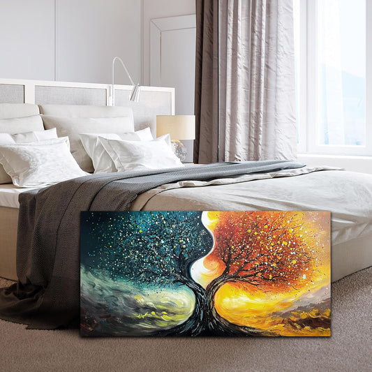 Tree Pictures Wall Decor for Living Room - Abstract Hand Painted Wall Art for Office - Teal and Gold Wall Art for Bedroom Size 20" x 40"