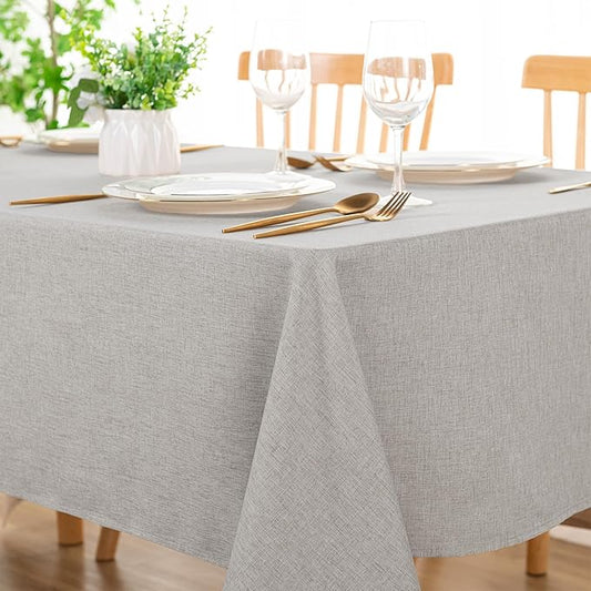 DWCN Rectangle Faux Linen Tablecloth - Textured Waterproof Spill-Proof Wrinkle and Stain Resistant Table Cloth Decorative Fabric Farmhouse Table Cover for Kitchen Dining, 60 x 102 Inch, Light Grey