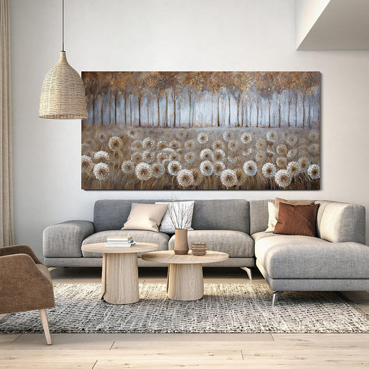 Large Living Room Wall Decor Brown Dandelion Canvas Wall Art Abstract Tree Forest Theme Picture Wall Decoration Modern Framed Prints Artwork Ready to Hang for Bedroom Home Wall Decor Size 29x58 inch