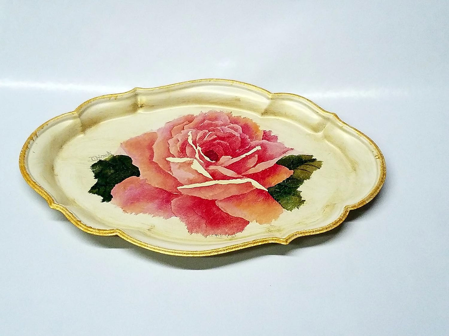 GAC Italian Hand Painted 'Country Flowers' Decorative Oval Serving Platter - Serving Tray, Decorative Plate - Brass - Limited Edition 12"