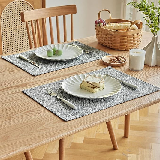 Softalker Faux Linen Placemats Set of 8-12 x 18 Inch, Heat Resistant Double Layered Durable Burlap Farmhouse Place Mats, Non-Slip Washable Rustic Table Mats for Dining, Kitchen, Party(Ash Grey