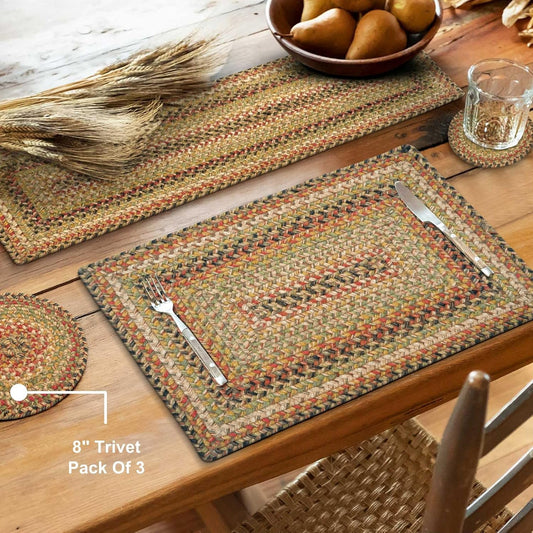 Homespice Kingston Jute Braided Trivets for Table, Warm Country Decor, Set of 3, Multicolor 8" Round Heat Resistant Mats - Rich Colors, Easy to Clean, Durable and Protects Furniture