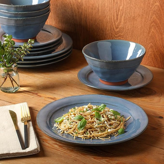 Gibson Elite Terranea 12 Piece Dishes Reactive Glaze Plates and Bowls Terracotta Dinnerware Set - Service for 4 - Blue