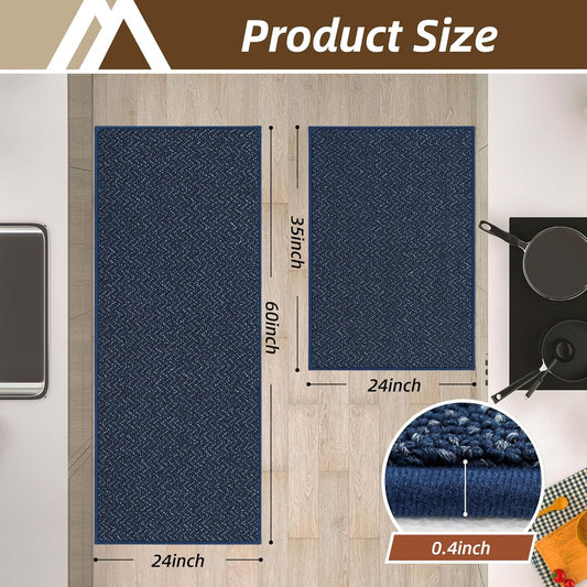 COSY HOMEER Kitchen Rugs Non Slip Washable 24"x36"+24"x60" Absorbent Kitchen Mats for Floor Stain Resistant Kitchen Runner Rug Sets of 2 Kitchen Floor Mats for Sink,Navy Blue