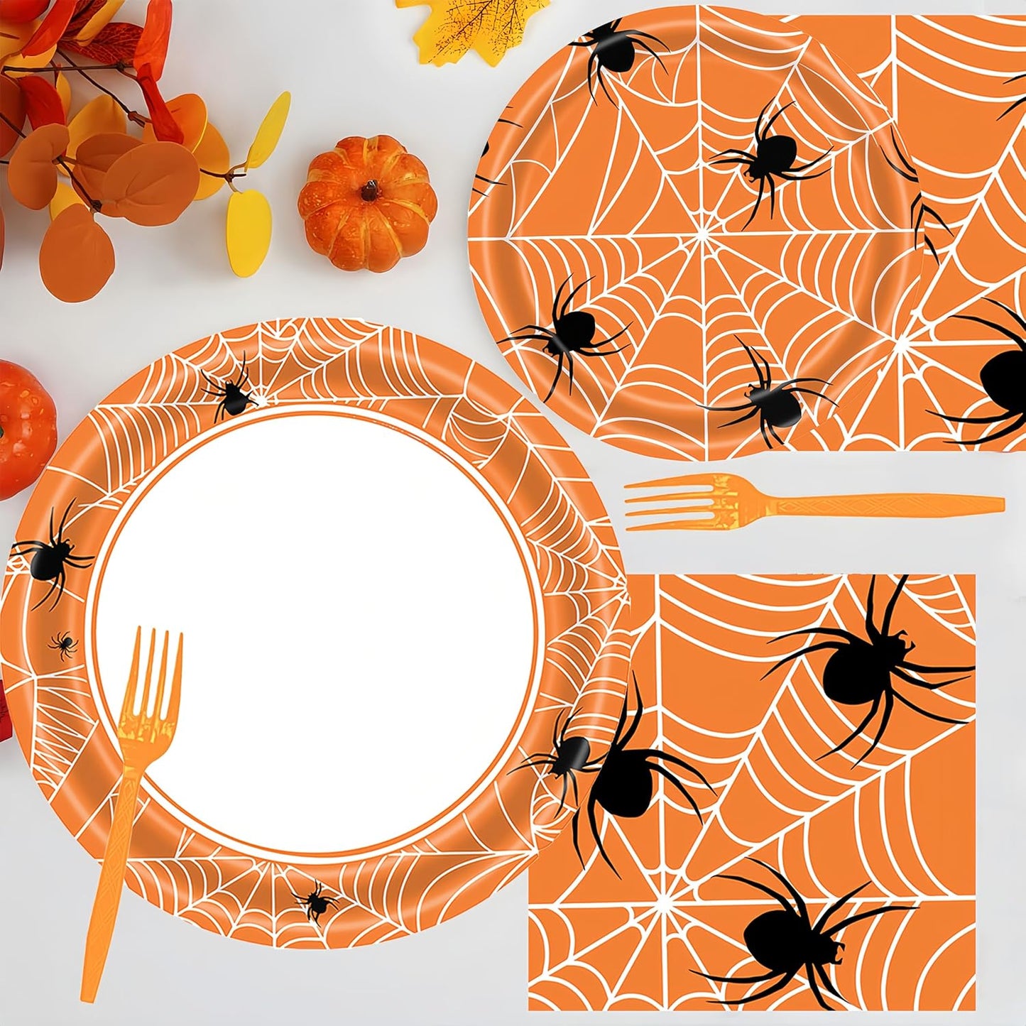 DTDO 96Pcs Halloween Spider Web Tableware Set Include Plates and Napkins Forks Birthday Party Decorations Disposable Dinnerware Set for Halloween Birthday Party Serves 24