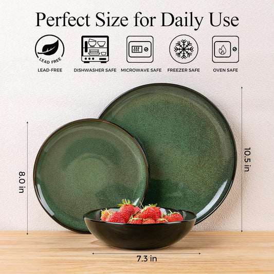 LeRatio Ceramic Dinnerware Sets for 4,Wavy Reactive Glaze Stoneware Plates and Bowls Sets,Highly Scratch Resistant | Dishwasher & Microwave,Oven Safe Dishes Set(12PCS)