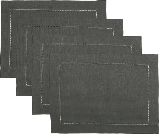 D'Moksha Homes Linen Placemats Set of 4 - Classic Hemstitch Charcoal Grey Placemats 14 x 19 Inch - 100% Pure Linen Table Mats for Fall, Autumn and Halloween - Handcrafted and Machine Washable
