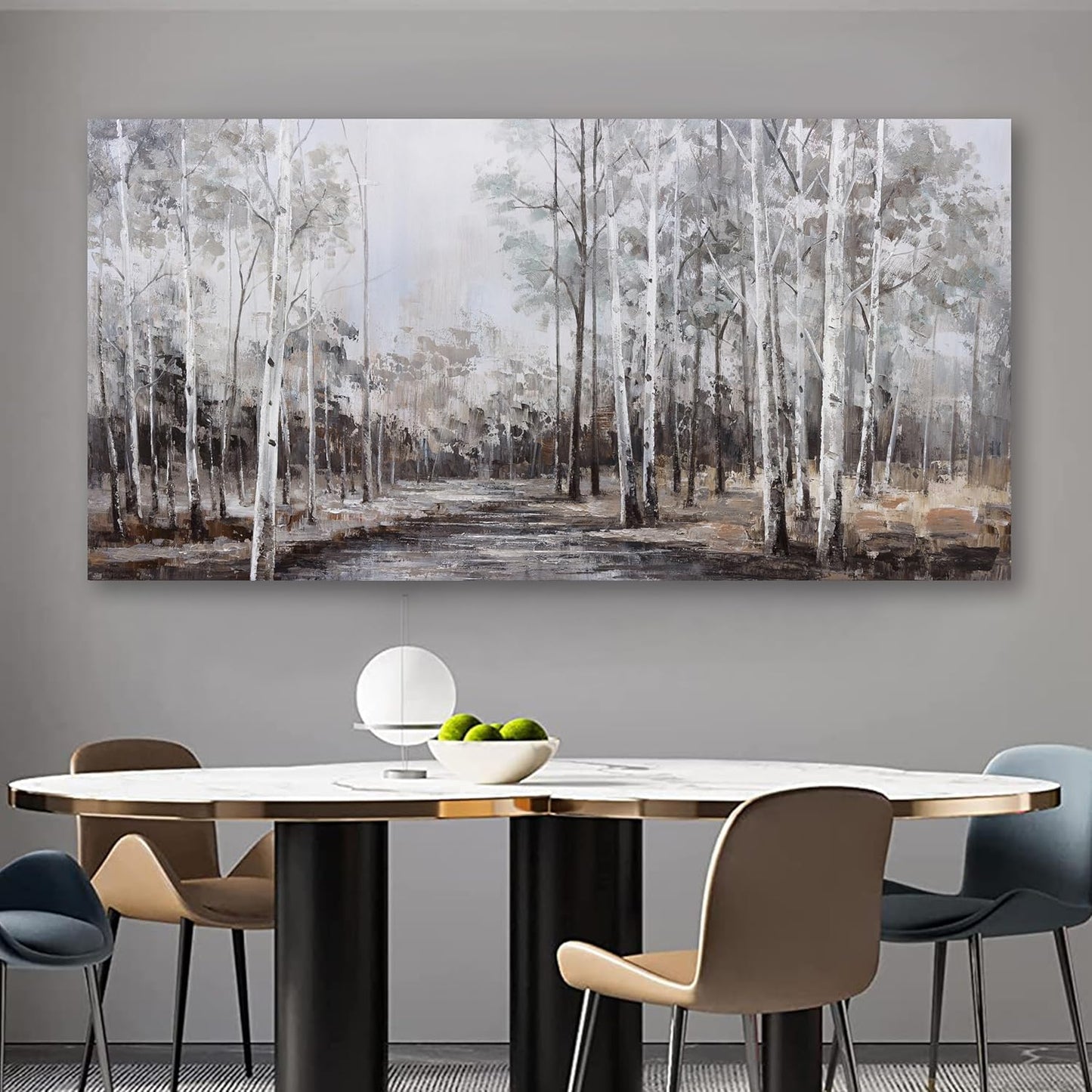 White Birch Tree Wall Art Grey Forest Painting Abstract Canvas Art Landscape Panoramic Picture Nature Artwork Framed for Living Room Bedroom Dinning Room Home Office Wall Decor 59"x28"