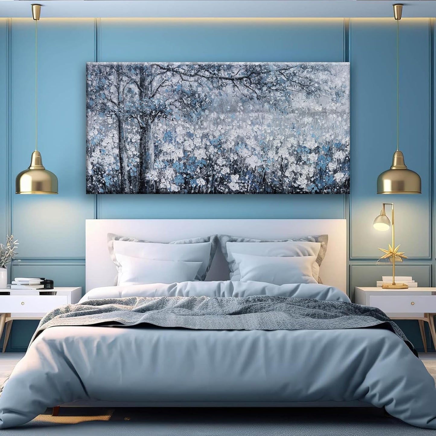 HXSRQ FA ART Canvas Wall Art Modern Wall Decor 29x58 Inches Large Wall Art Blue And White Tree Flower Landscape Picture Artwork For Bedroom Home Office