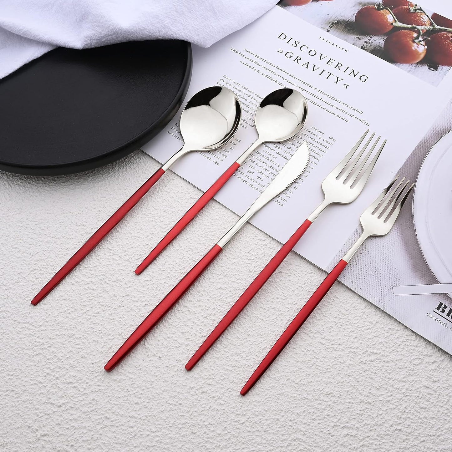 Silverware Set – 20 Piece Family Dinnerware Set – Flatware Set Service For 4 – Red Silver Tableware Sets – Cutlery Great For Family Gatherings & Daily Use – Spoons, Knives, Forks