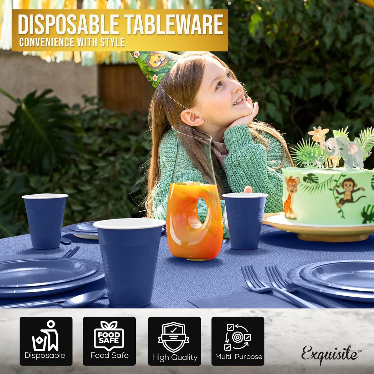 222 Pcs Dark Blue Paper Plates and Napkins Sets, Disposable Plates For Party, Lunch & Cocktail Napkins Paper, 18oz Plastic Cups, Cutlery and Dark Blue Table cloth Plastic Dinnerware Set