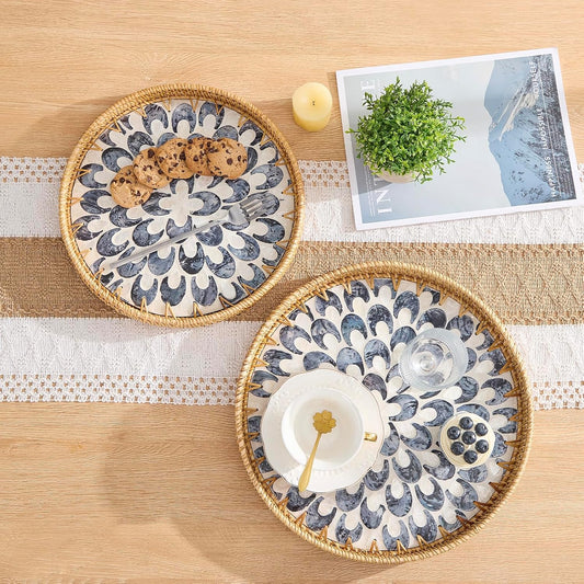 Round Rattan Tray with Mother of Pearl Inlay, Rattan Serving Tray with Wooden Base, Decorative Wicker Basket for Table Decor, Storage and Display of Coffee Bread Food Fruit (Plume 13.5")