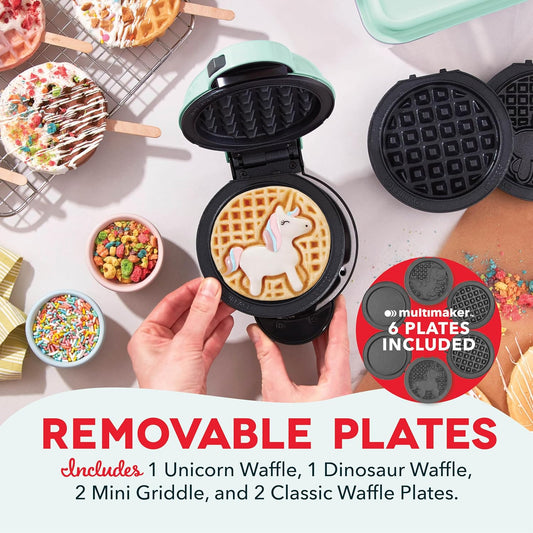 DASH Multimaker Mini System - Waffle Maker with Six 4” Removable Plates: Waffle Iron & Griddle, 4-in-1 Mini Waffle Maker for Kids and Families – Nonstick Surface, Just Add Batter (Aqua)