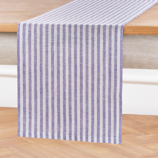 Solino Home Linen Table Runner 72 Inches Long - Amalfi Stripe, 100% Pure Linen Violet and White Table Runner 14 x 72 Inch for Dining, Dresser
