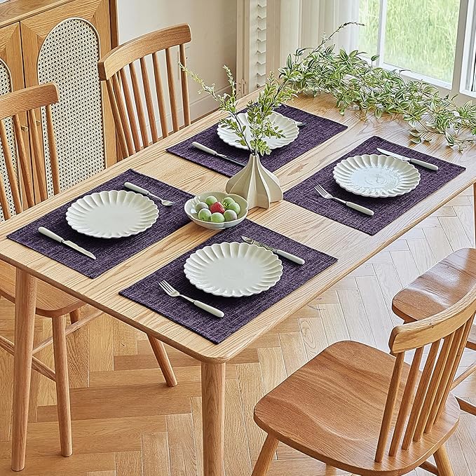 Softalker Faux Linen Placemats Set of 6-12 x 18 Inch, Heat Resistant Double Layered Durable Burlap Farmhouse Place Mats, Non-Slip Washable Rustic Table Mats for Dining, Kitchen, Party(Purple