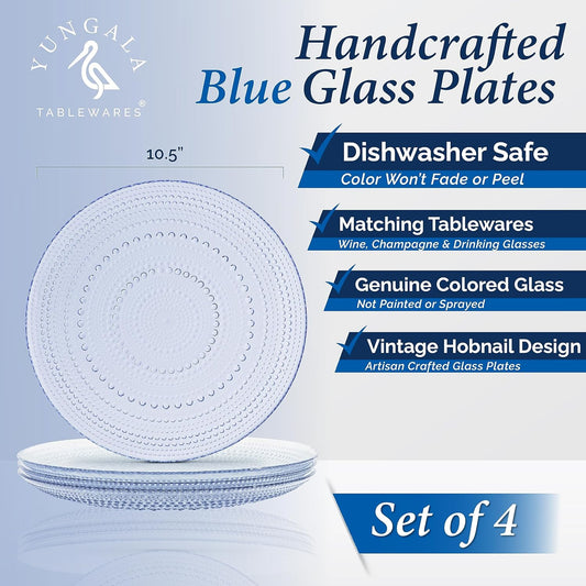 Yungala Blue Glass Plates set of 4 hobnail design textured plates with dot pattern blue glassware, pair with matching wine glasses and drinking glasses.