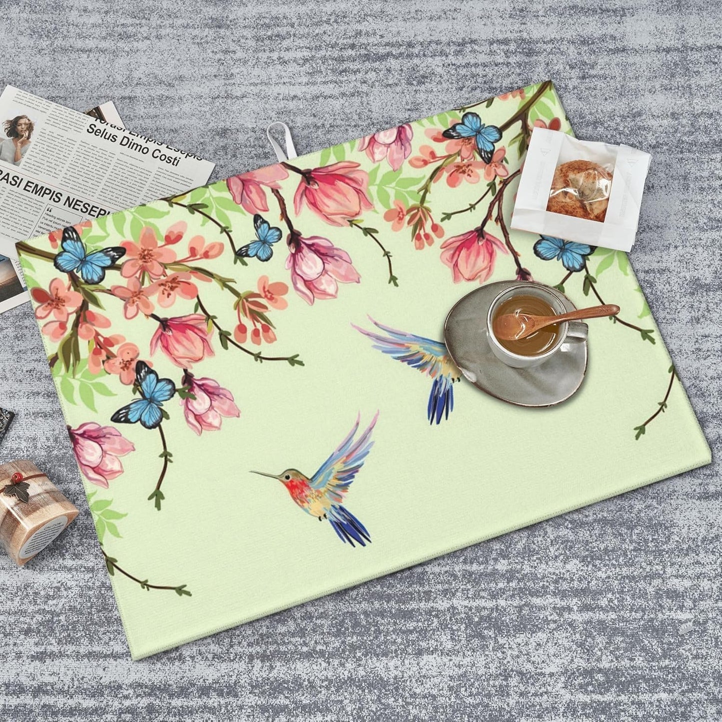 Bird Floral Flowers Dish Drying Mat for Kitchen Counter, 18"x24" Microfiber Absorbent Fast Dry Mat, 2Pcs Dish Mat Faucet Mats Sets, Large Drying Kitchen Mat Kitchen Drying Pad Coffee Bar Decor Gifts