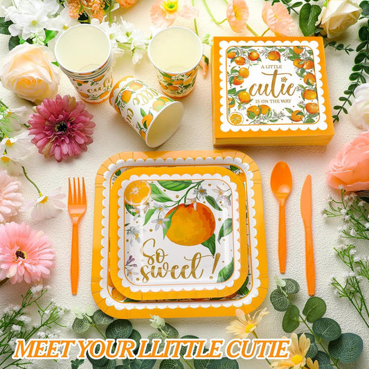 350 Pcs Paper Plates and Napkins Set Disposable Dinnerware Party Supplies Tableware Serve 50 Guest Cups Knife Forks Spoon(Orange,Little Cutie)