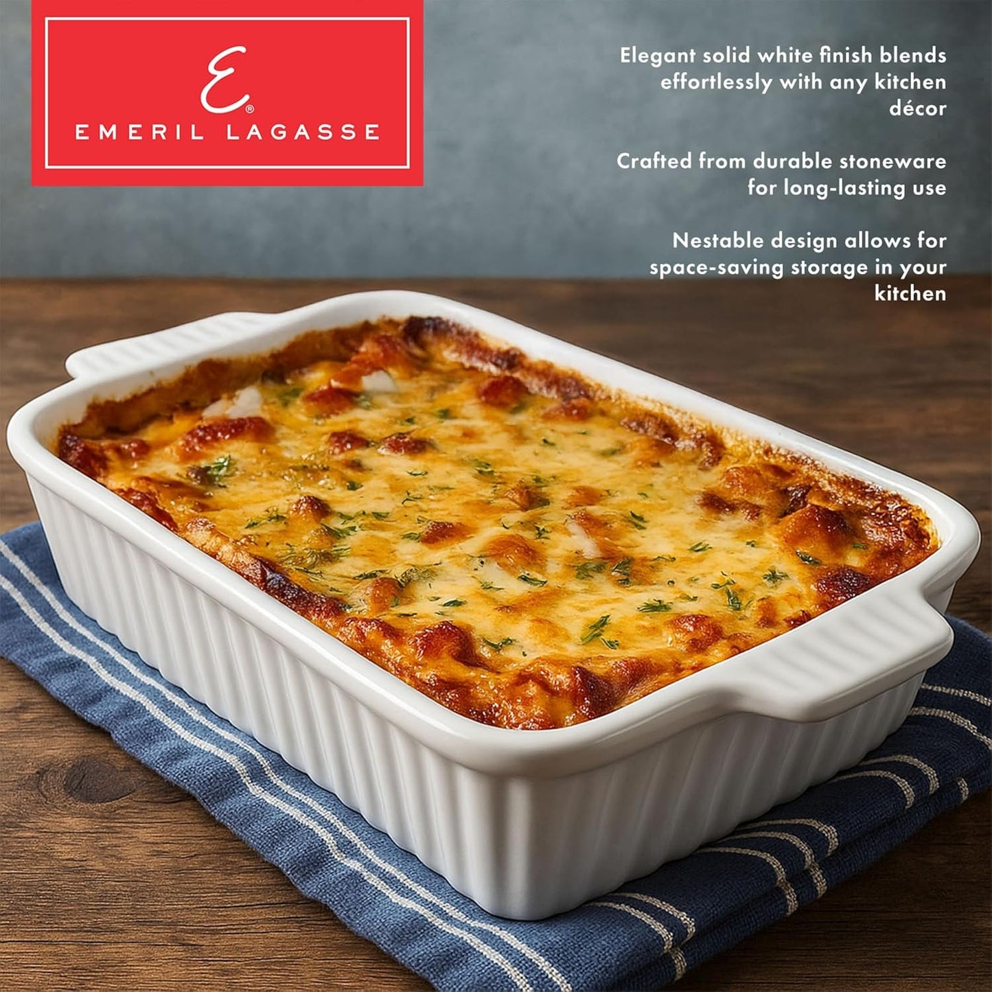 Emeril Lagasse Casserole Dishes for Oven, 4pc Ceramic Bakeware Set, Rectangular Deep Lasagna Pans with Handles, White
