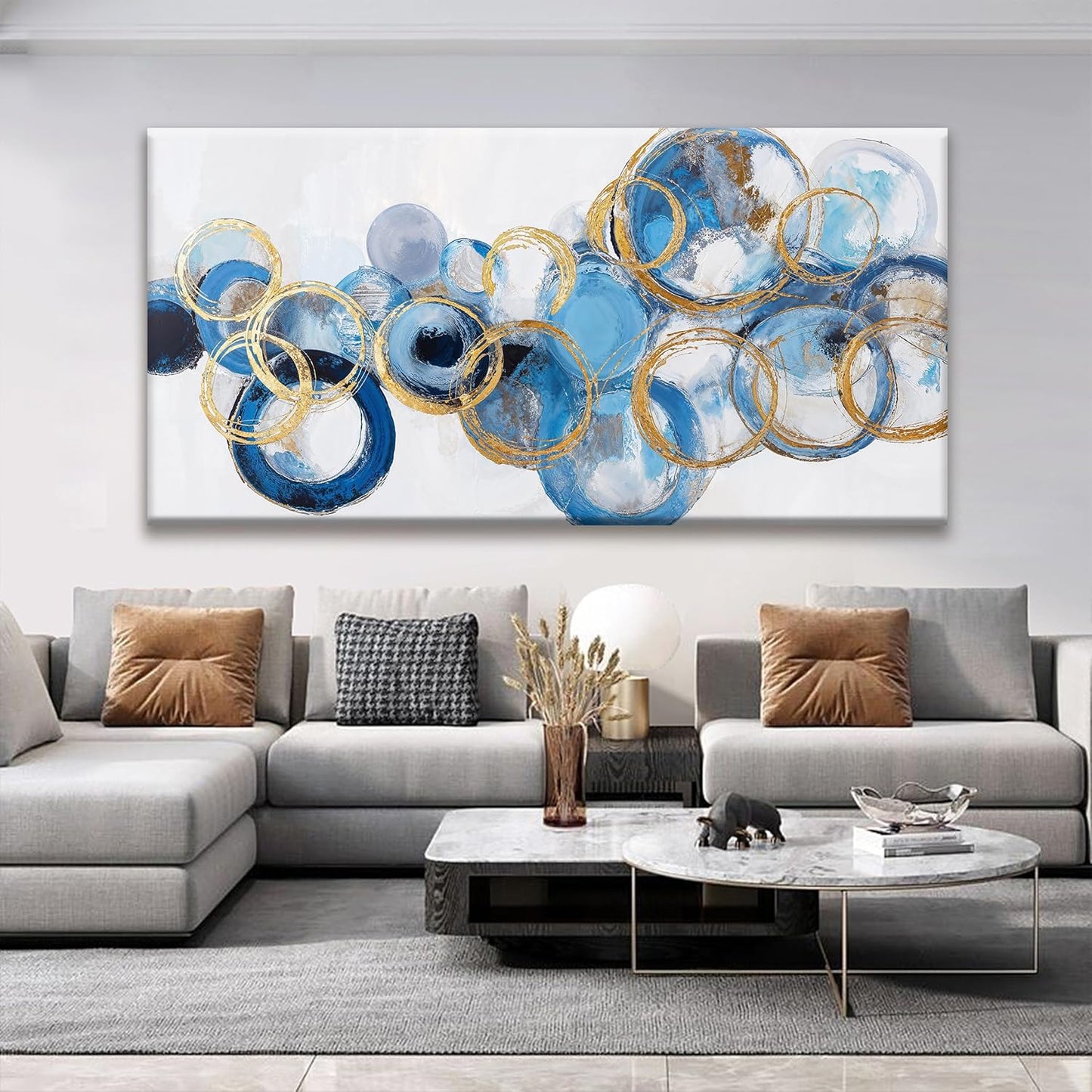Suconvng Large Abstract Wall Art For Living Room Modern Canvas Decorations Maximalist Blue Gold Circle Canvas Wall Art Decor Prints Artwork Bedroom Kitchen Office Home Wall Artwork 29" × 58"