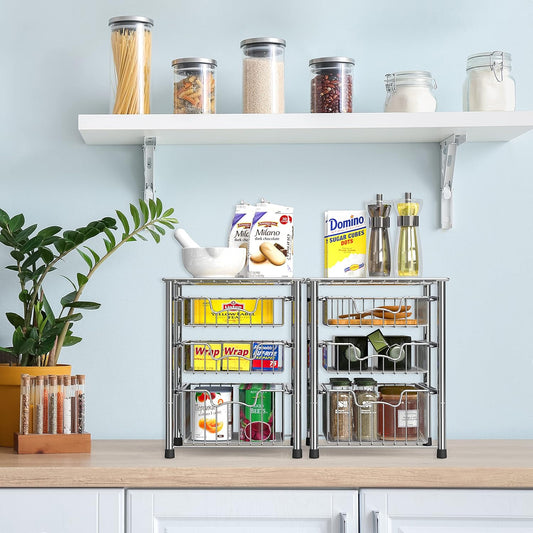 Simple Houseware Stackable 3 Tier Sliding Basket Organizer Drawer, Chrome