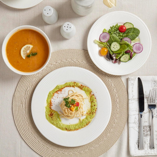 Tabletops Gallery Embossed Bone White Porcelain Round Dinnerware Collection- Chip Resistant Scratch Resistant, Fleur 12 Piece Dinnerware Set (Dinner Plate, Salad Plate, Cereal Bowl)