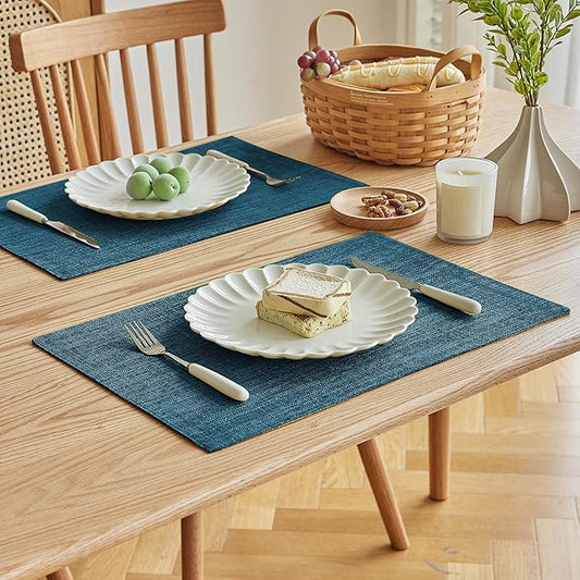 Softalker Faux Linen Placemats Set of 12-12 x 18 Inch, Heat Resistant Double Layered Durable Burlap Farmhouse Place Mats, Non-Slip Washable Rustic Table Mats for Dining, Kitchen, Party(Navy Blue