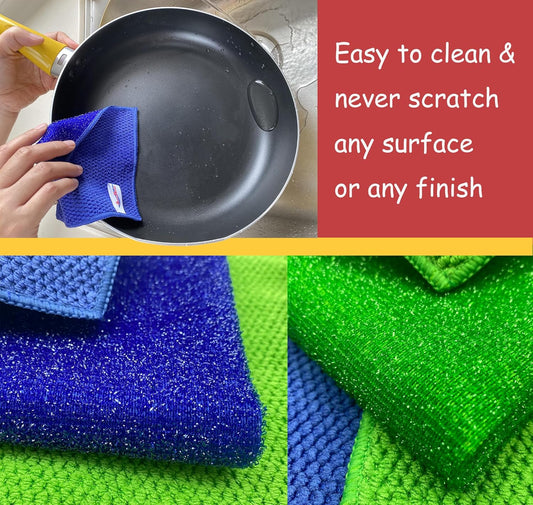 24 Pack Microfiber Scrub Dish Cleaning Cloth, Non-Scratch, Reusable & Durable for Dish Pan Pot Cooktop Stovetop Counter Kitchen, Machine Washable, 5.5 x 5.5 Inch, Blue & Green Color Assorted