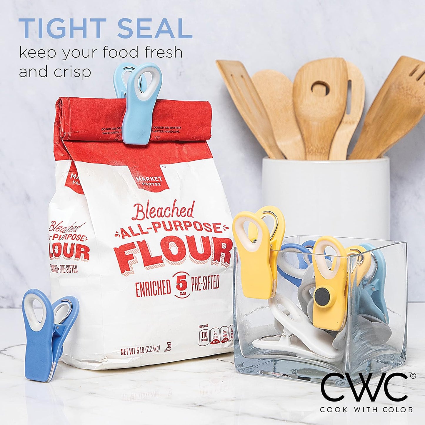 COOK WITH COLOR Bag Clips with Magnet- Food Clips, Chip Clips, Bag Clips for Food Storage with Airtight Seal Grip for Bread Bags, Snack Bags and Food Bags (Yellow and Blue, Pack of 10)