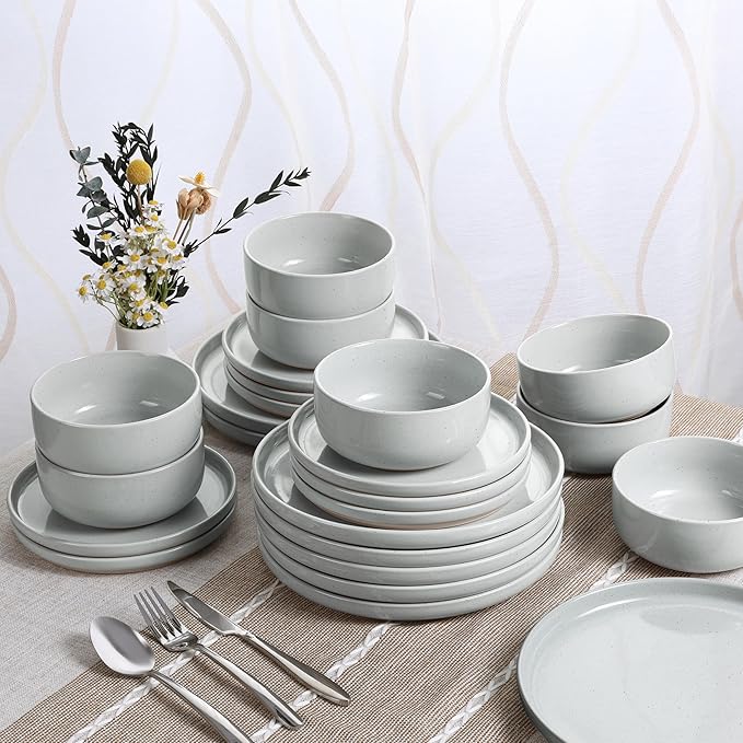 HaWare Stoneware Dinnerware Sets, 24-Piece Plates and Bowls Set for 8, Dishes Set for Home Restaurant, Speckled Misty Grey